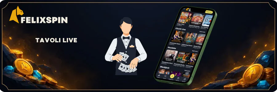 Croupier in gilet con carte accanto ai tavoli dal vivo