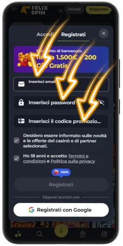 Modulo di iscrizione con e-mail e password